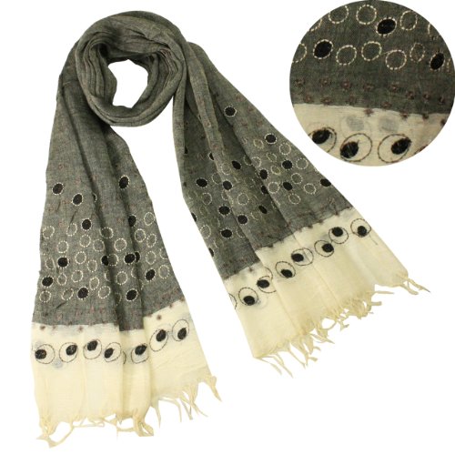 100% Cotton Embroidered Polka Dots Tassels Ends Long Scarf - Black