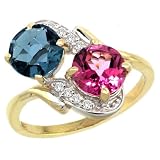 14k Gold ( 7 mm ) Double Stone Engagement London Blue & Pink Topaz Ring w/ 0.05 Carat Brilliant Cut Diamonds & 2.34 Carats Round Stones, 3/4 in. (19mm) wide