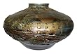 Hand painted embossed squat jar in black, gold and silver - Chinese River Houses V233988