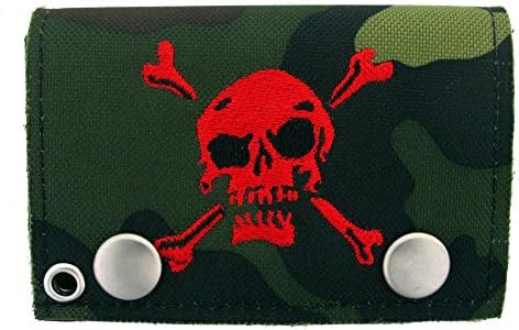 Men's Canvas Camouflage Chain Wallet Trifold w/ Skull &amp; Crossbones