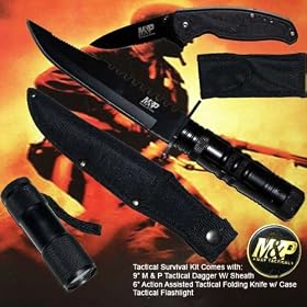 M&P - Set Kit survival Couteaux de survit / Couteau de poche pliant / Lampe torche LED - Noir - GT1
