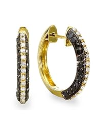 1.15 Carat (ctw) Plated 18k Yellow Gold Sterling Silver Ladies Black and White Round Diamond Hoop Earrings