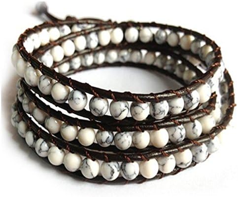 DUMAN Marble White Beads Wrap Bracelet on Brown Leather 21" Ajustable closures Wristwear