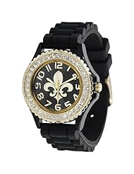 Geneva Platinum 6886 Womens Rhinestone Fleur De Lis Silicone-Blk/Gold