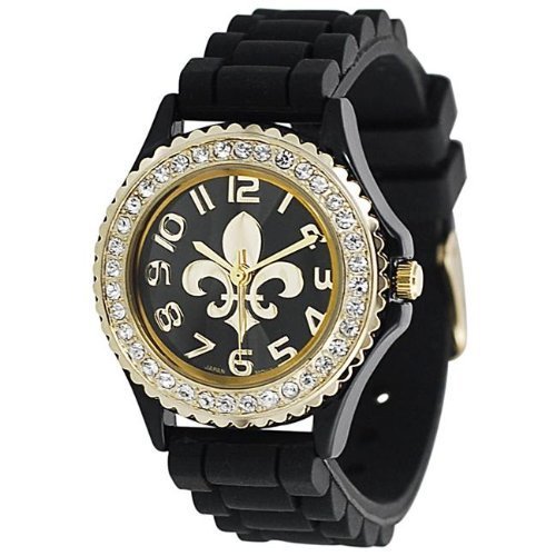 Geneva Platinum 6886 Women's Rhinestone Fleur De Lis Silicone-Blk/Gold