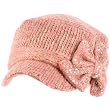 Elastafit Winter Ribbon Bow Crystals Knit Cadet Military Castro Hat Cap Pink