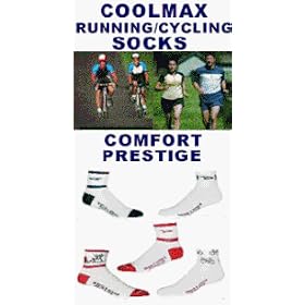 6 PAIRS COOLMAX SOCKS (DEFEET, SOCKGUY, AND LIN MIX) RUNNING/CYCLING SOCKS - MOSTLY WHITE