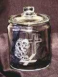 Fireman Firefighter Praying at the Cross Etched Glass Cookie Jar Cannister 1/2 Gal