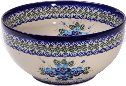 Polish Pottery Ceramika Boleslawiec,  0411/162, Bowl 23, 10 Cups, Royal Blue Patterns with Blue Pansy Flower Motif