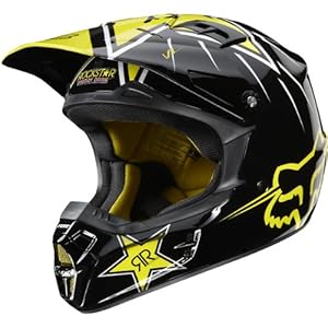 Rockstar Energy Drink Officially Licensed Fox Youth Boys V1 Motocross Motorcycle Helmet w/ Free B&F Heart Sticker Bundle - Black/Yellow / Large