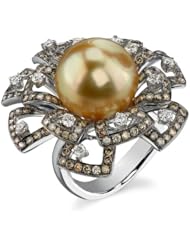 14K White Gold Full Bloom Flower Prong Brown & White Diamond & Pearl Cocktail Ring