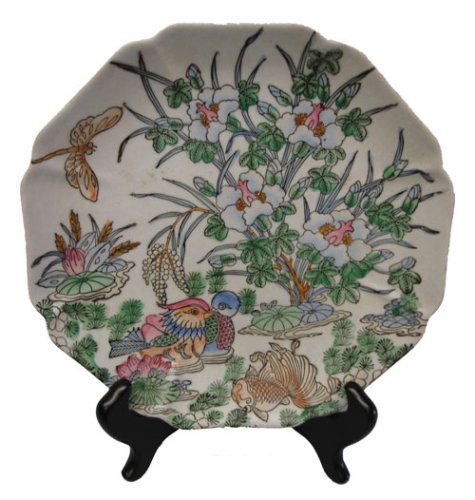 Decorative Chinese hand painted porcelain plate, scalloped edge - Lovebirds