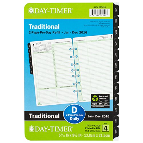 Day-Timer Daily Planner Refill 2016, Two Page Per Day, Traditional, Desk Size, 5.5 x 8.5 Inches (92800)