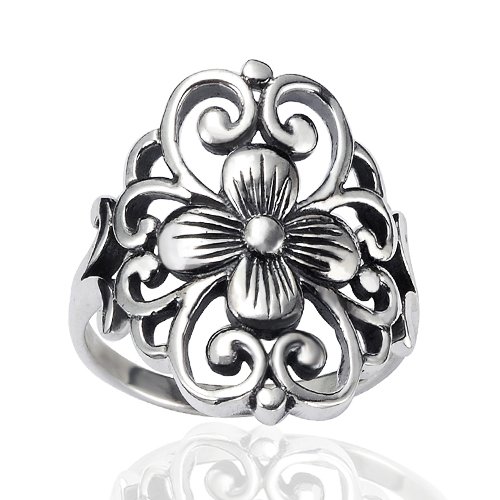 925 Sterling Silver 19 mm Floral Filigree Flower Polished Finish Wide Band Ring - Nickel Free