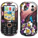 Blue Butterfly White Purple Flower Garden Design Rubberized Snap on Hard Cover Protector Faceplate Cell Phone Case for Verizon Samsung Intensity 2 II U460 + Premium LCD Screen Guard Film