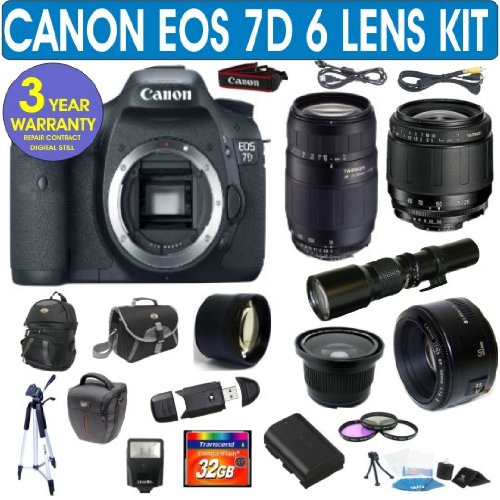 Cheap Canon EOS 7D + Tamron 28-80mm Lens + Tamron 75-300mm Lens + 500mm Preset Lens + Canon 50mm Lens + .40x Fisheye Lens + 2x Telephoto Lens + Extra Battery + 3 Year Celltime Warranty Repair Contract