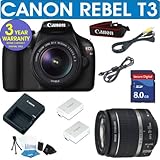 CANON REBEL T3 DIGITAL CAMERA BODY + CANON 18-55 IS LENS + 8GB MEMORY CARD + HOLSTER CASE + EXTRA BATTERY + 6 PIECE STARTER KIT + 3 YEAR CELLTIME WARRANTY