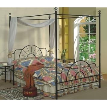 Queen Size Black Finish Canopy Metal Bed Headboard and Footboard