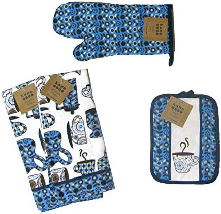 Coffee Time Kitchen Linen Set 4 pc - 2 Towels, Oven Mitt, Pot Holder