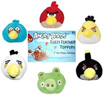 Angry Birds Plush - Fuzzy Feather Toppers - SET OF 6 (Red, Blue, Yellow, Black White & Pig - 2 inch)