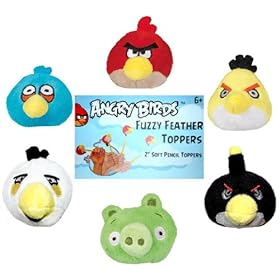  Angry Birds Plush - Fuzzy Feather Toppers - SET OF 6 (Red, Blue, Yellow, Black White & Pig - 2 inch)