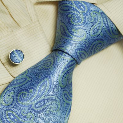 Sky blue pattern men wearing ties green Paisleys gift idea for man mens style silk tie cufflinks set A2010