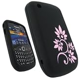 iGadgitz Black & Baby Pink Tattoo Flower Design Silicone Skin Case Cover for BlackBerry Curve Gemini 8520 & Curve 3G 9300 + Screen Protector