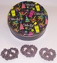 Scott's Cakes 1 lb. Dark Chocolate Covered Pretzel with Chocolate Chips in a Celebrate Tin