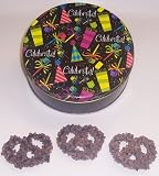 Scott's Cakes 1 lb. Dark Chocolate Covered Pretzel with Chocolate Chips in a Celebrate Tin
