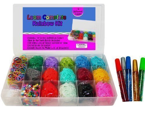 Loom Rainbow Rubber Band Complete Collection Organizer Storage Kit - Includes Over 4000 Rainbow Rubber Bands Including Glow In The Dark Individually Bagged and 100 S Clips In a Convenient Storage Organizer Case With Glitter Glue To Decorate