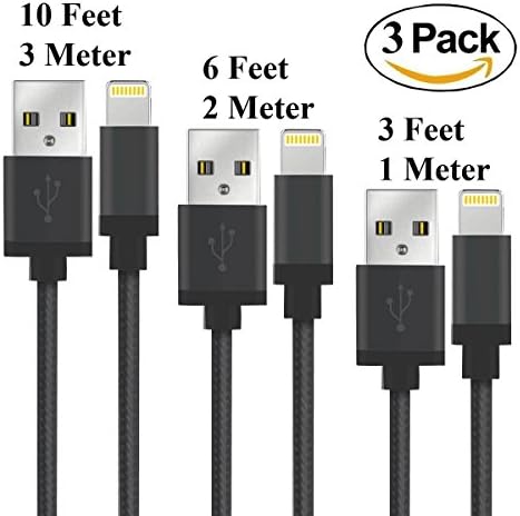 InfowayCharge Set 3x - Black Braided Syncing USB Charger 1/2/3 meter 3/6/10 feet for Iphone 5 5s 5c se 6 6s 7 plus beats pill ios 10 (Black 321)