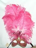 Venetain Colombina Feather Carnival Mask/Pink and Red Feathers with Red Mask