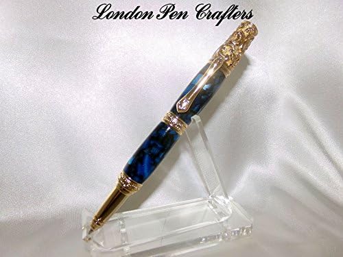Hand Crafted VICTORIAN Twist Ballpoint Pen w/24k GoldHardware and Deep Blue Aqua Pearl Acrylics