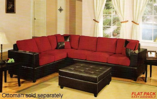 2 pcs Microfiber Sectional Sofa Set with Accent Pillows in Red