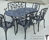 7pc Antique Silver Cast Aluminium Garden Furniture Oval 140cm, 4 Armhairs, Bench & Matching Parasol Base