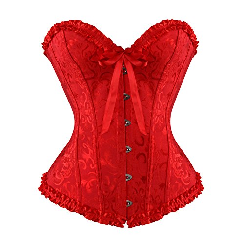 Frawirshau Women's Lace Up Boned Overbust Corset Bustier Bodyshaper Top Red L