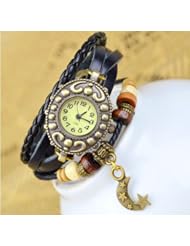 KANO BAK(TM) Vintage Wrap Around Leather Retro Weave Wrap Quartz Bracelet Woman Unisex Star Moon Gift Watch Black