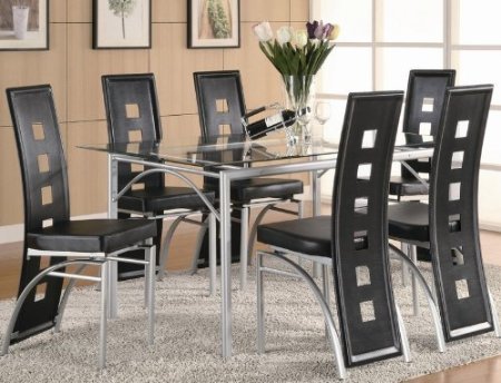 7pc Dining Set with Glass Top Metal legs Matte Silver Finish