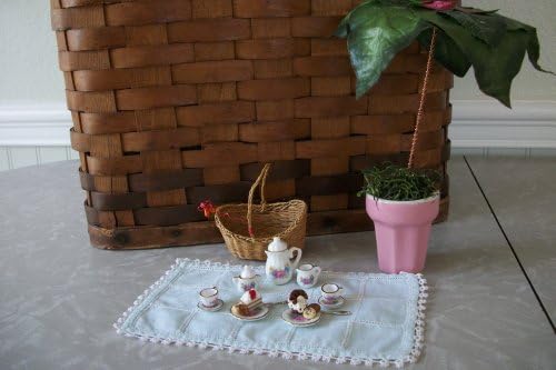 Miniature Picnic Set Porcelain Tea Set Pasteries Vintage Blanket Basket Handmade Umbrella and Beaded Butterfly OOAK