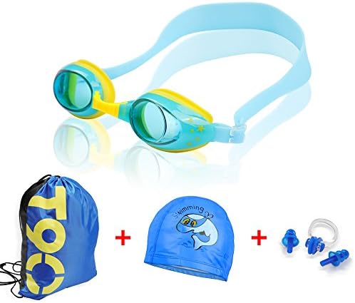 Swimming Goggles, Yolane Kids No Leaking Anti-Fog Transparent Swim Goggles with Backpack,Swim Cap,Nose Clip, Ear Plugs& Lifetime Guarantee for Boys And Girls To Enjoy (Sky blue)