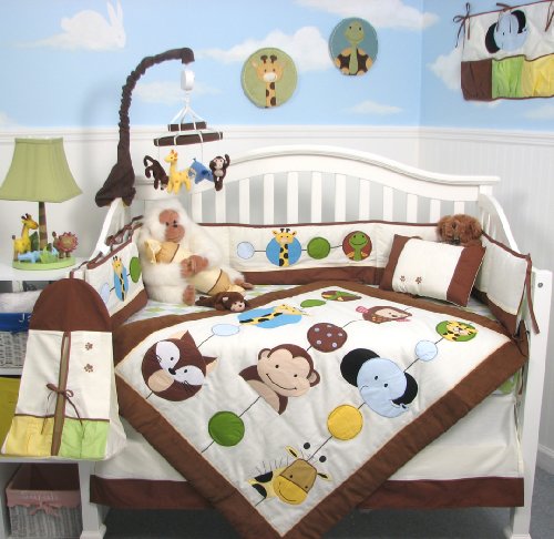 SoHo Forest Buddy Baby Infant Crib Nursery Bedding Set 10pcs**Reversible into Classic Sage and Sky Blue Argyle Design! **