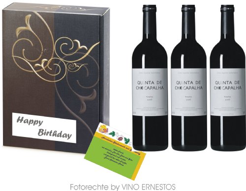 Super Geburtstagsgeschenk Wein Geschenkset, portugiesischer Rotwein trocken ein guter Wein in 3er Präsentbox Elegance Happy Birthday