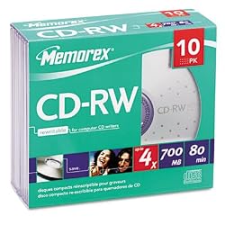 CD-RW Discs, 700MB/80min, 4x, w/Slim Jewel Cases, Silver, 10/Pack