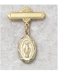 14K Gold over Solid .925 Sterling Silver Miraculous Medal, Virgin Saint Mary, Immaculate Conception Gold Plated Baby Pin Infant Baptism Communion Jewelry Charm New