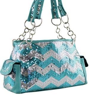 Chevron Sequins Shoulder w/Studs HANDBAG PURSE- AQUA