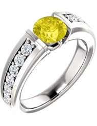 18K White Gold 6.00mm Round Cut Yellow Sapphire and Diamond Ring -- LIFETIME WARRANTY