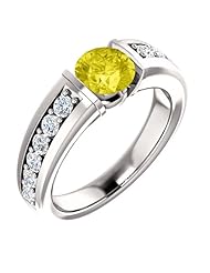 10K White Gold 6.00mm Round Cut Yellow Sapphire and Diamond Ring -- LIFETIME WARRANTY