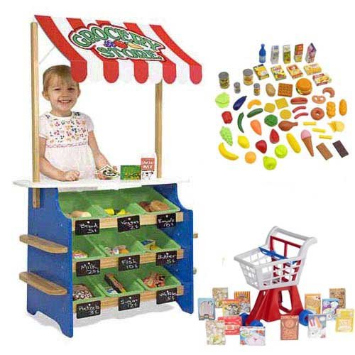 Melissa & Doug Grocery Store and Lemonade Stand Plus 52 Piece Play Food and Food in a Shopping Cart Bundle
