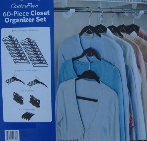 Clutter Free 60 Piece Closet Organizee Set - Hangers Pads & Clips
