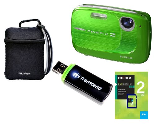 Fujifilm Finepix Z37 10MP Digital Camera bundle with 3x Optical Zoom and 2.7 inch LCD, includes 2GB Fuji Memory Card, Transcend Card Reader and Reversible Neoprene Case (Green)